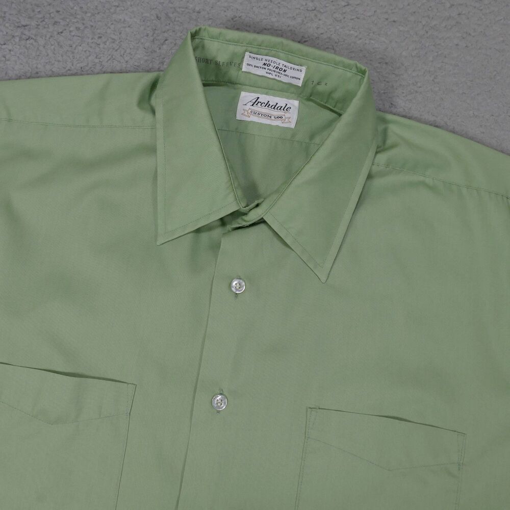 Vintage 70s Single Stitch Shirt Archdale Men 16 1/2 Green Made USA Short Sleeve